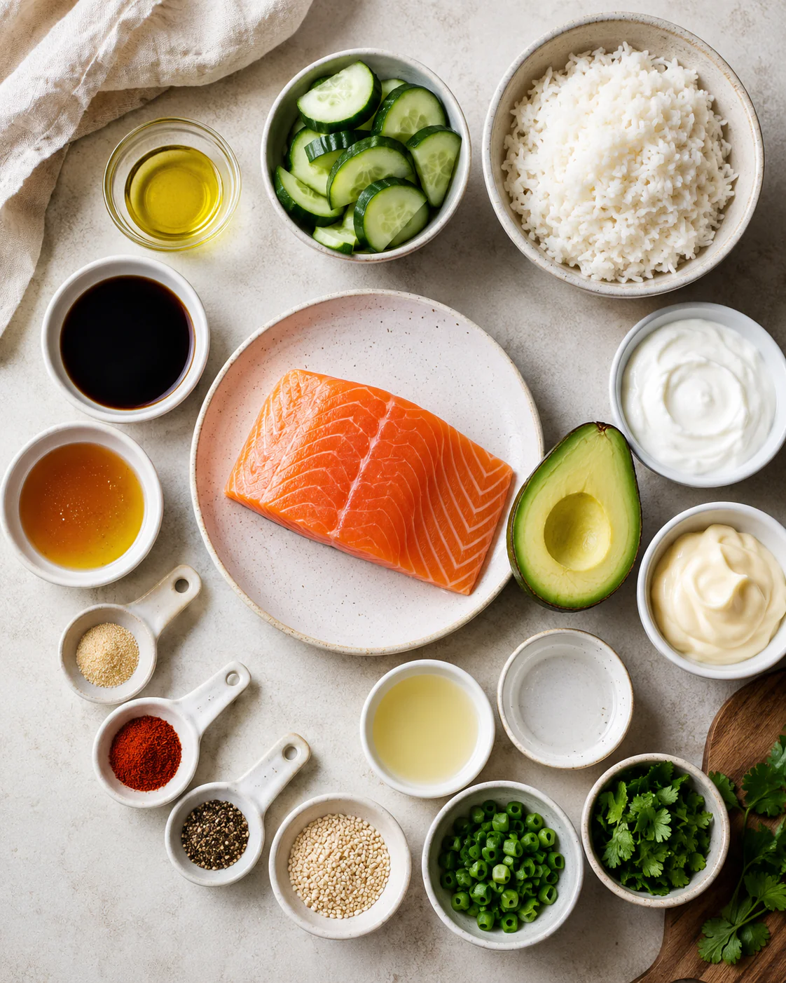 Ingredients for air fryer salmon bites rice bowl