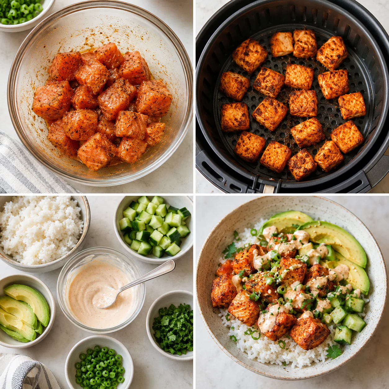 Step-by-step preparation of air fryer salmon bites rice bowl