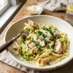 Cabbage Alfredo with chicken in creamy Parmesan sauce