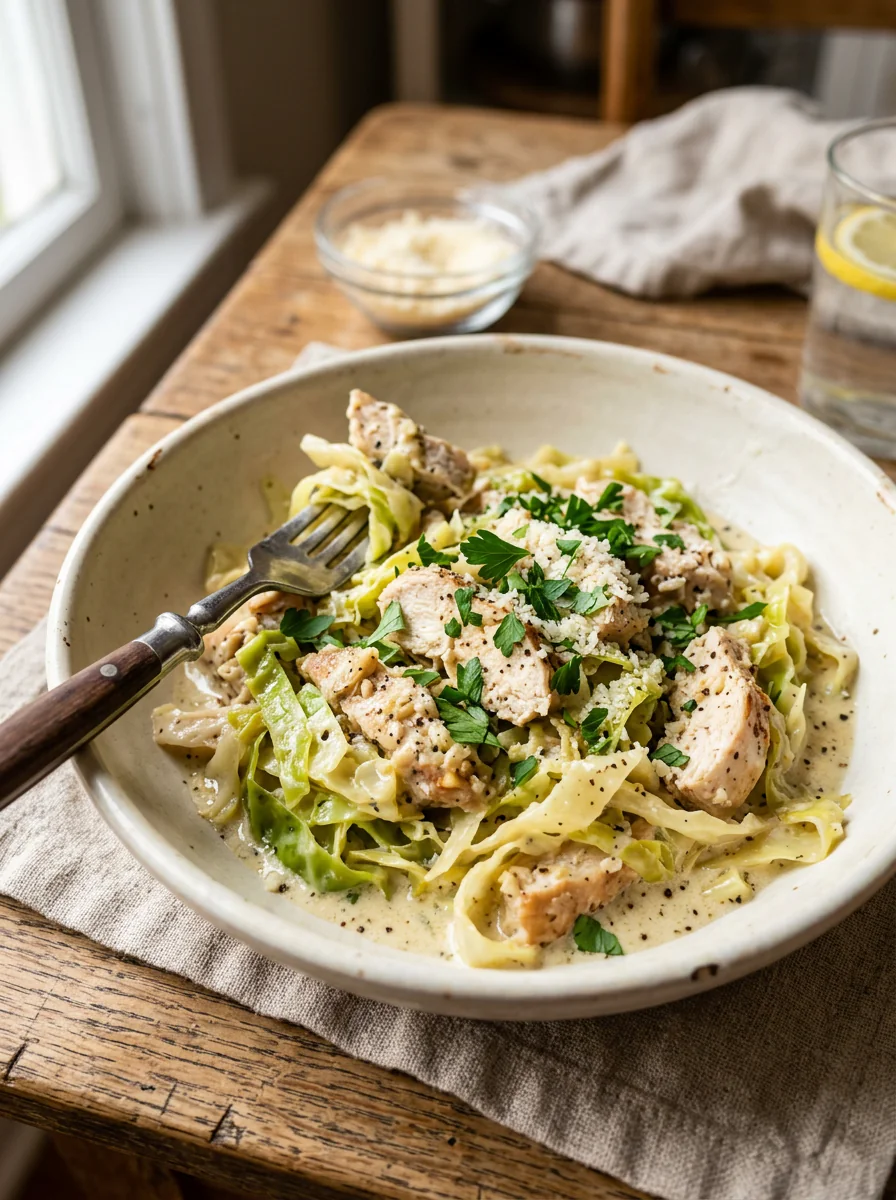 Cabbage Alfredo with chicken served in a creamy skillet dish