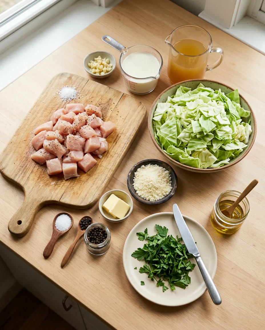 Ingredients for cabbage Alfredo with chicken arranged on a counter