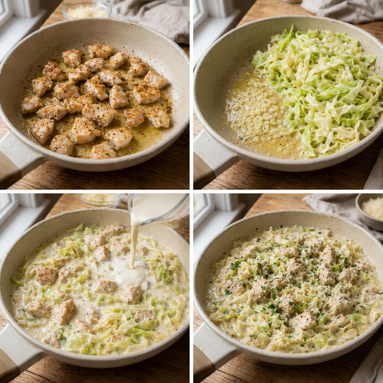 Skillet cooking steps for cabbage Alfredo with chicken