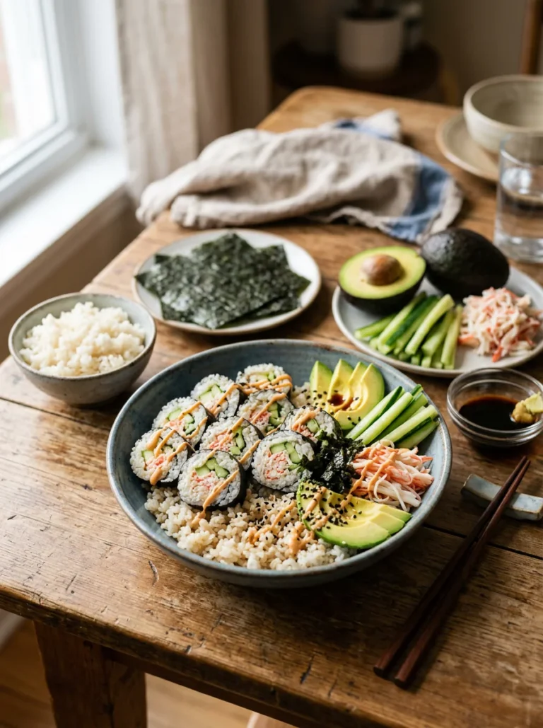 Homemade California roll with sushi rice, nori, crab, avocado and cucumber