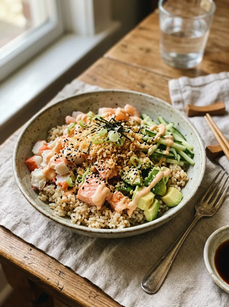 Crunchy California roll bowl with rice, crab, shrimp, avocado, cucumber, spicy mayo, nori, and sesame.