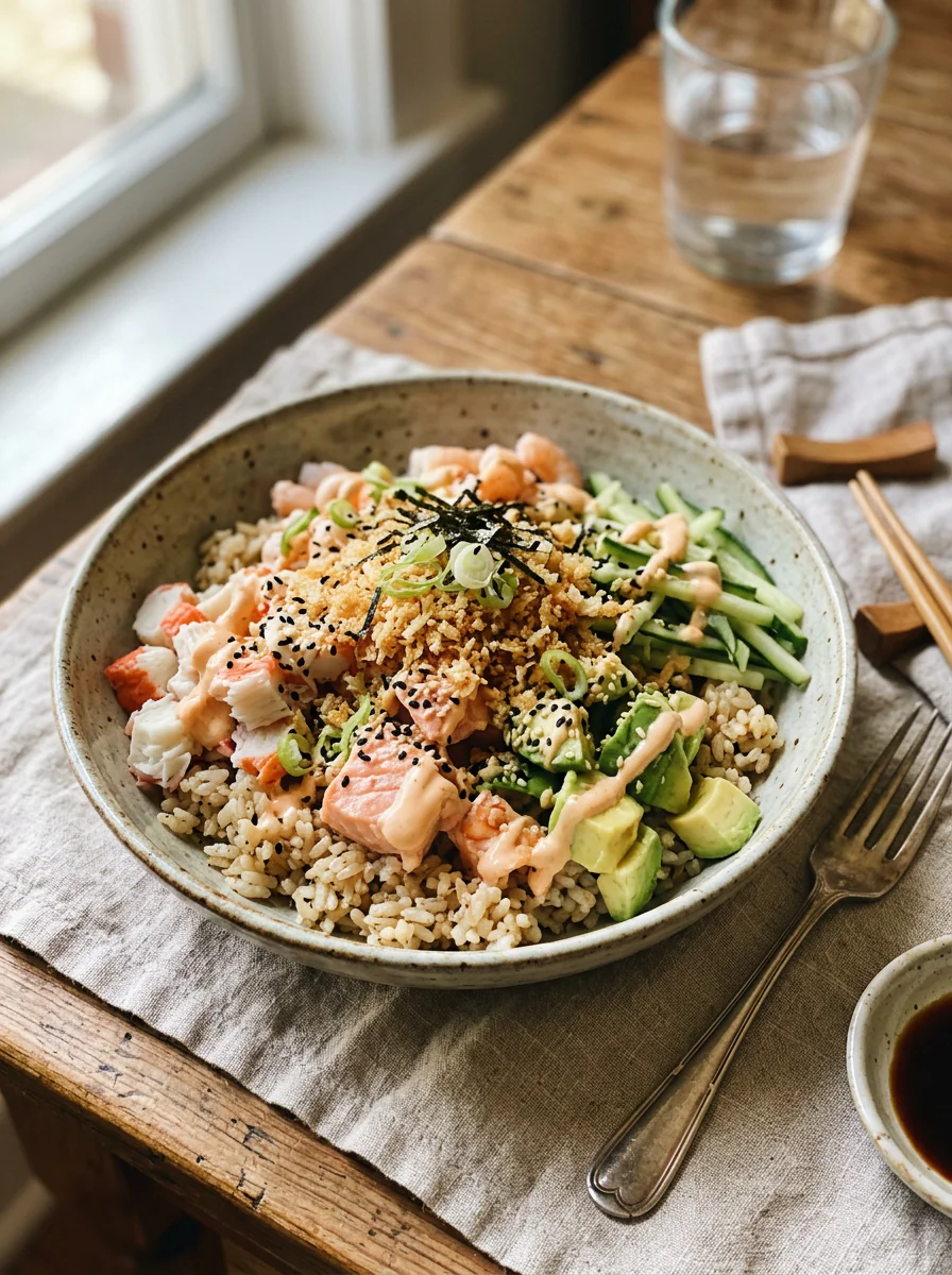 Crunchy California roll bowl served in a fresh sushi style bowl