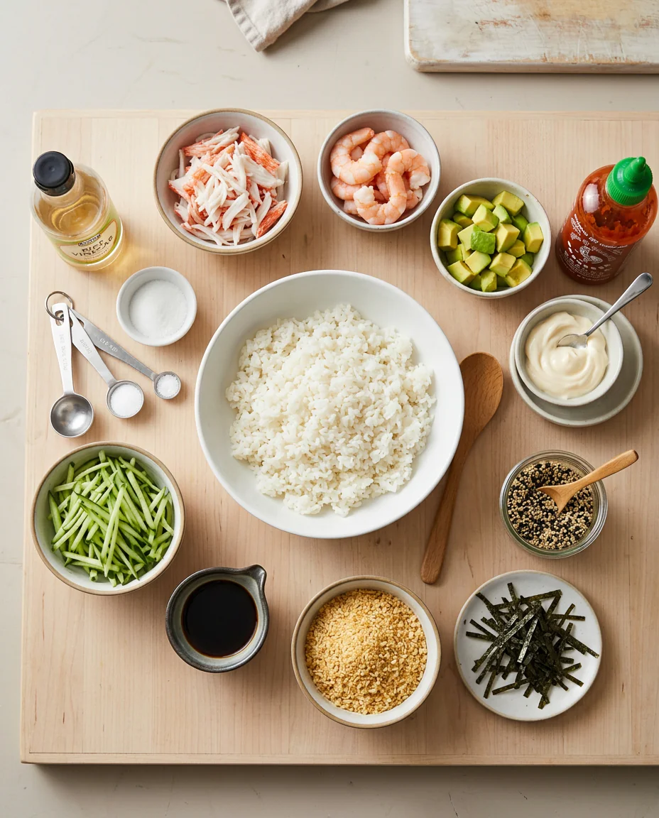 Ingredients for crunchy California roll bowl laid out on a table