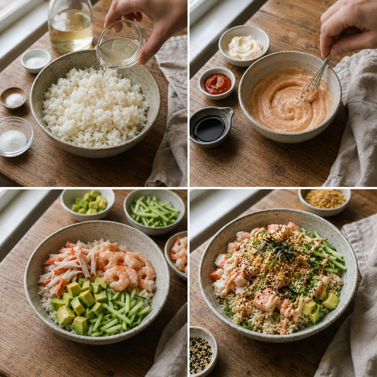 Step by step preparation of a crunchy California roll bowl