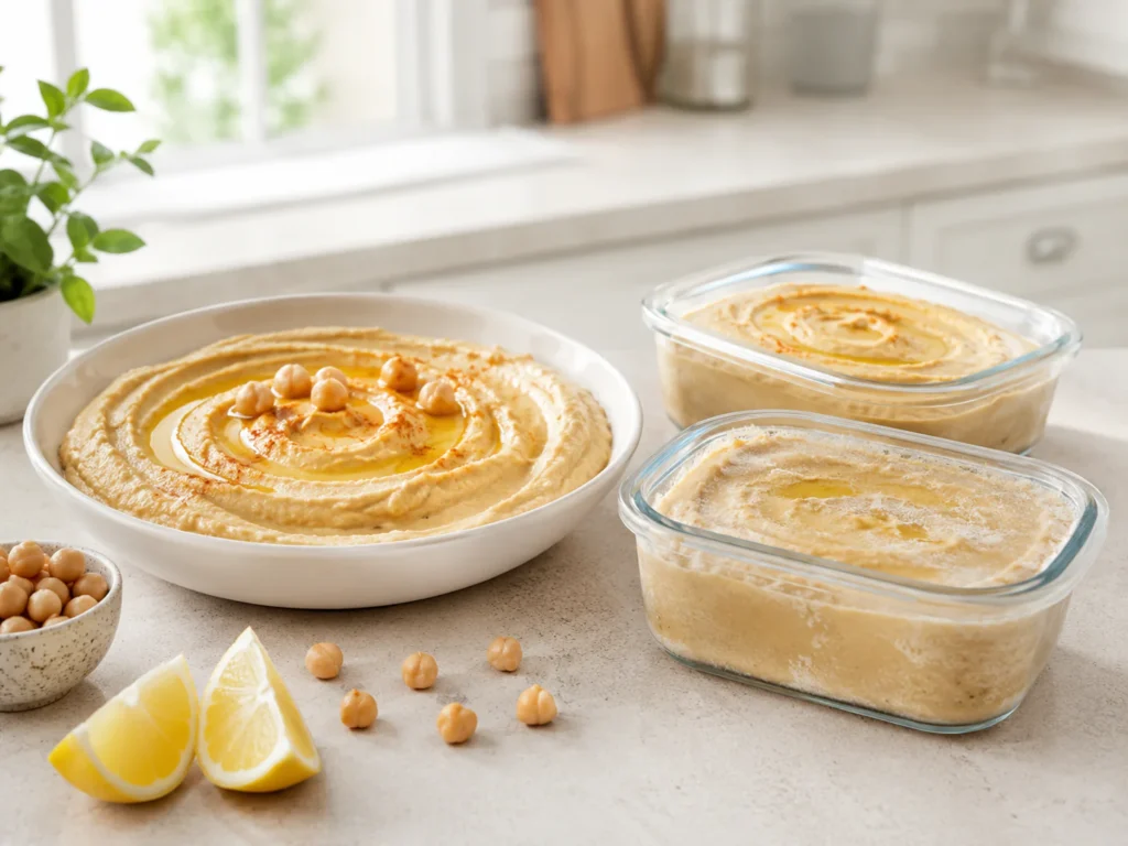Creamy hummus beside freezer-safe containers with olive oil, chickpeas, and lemon wedges