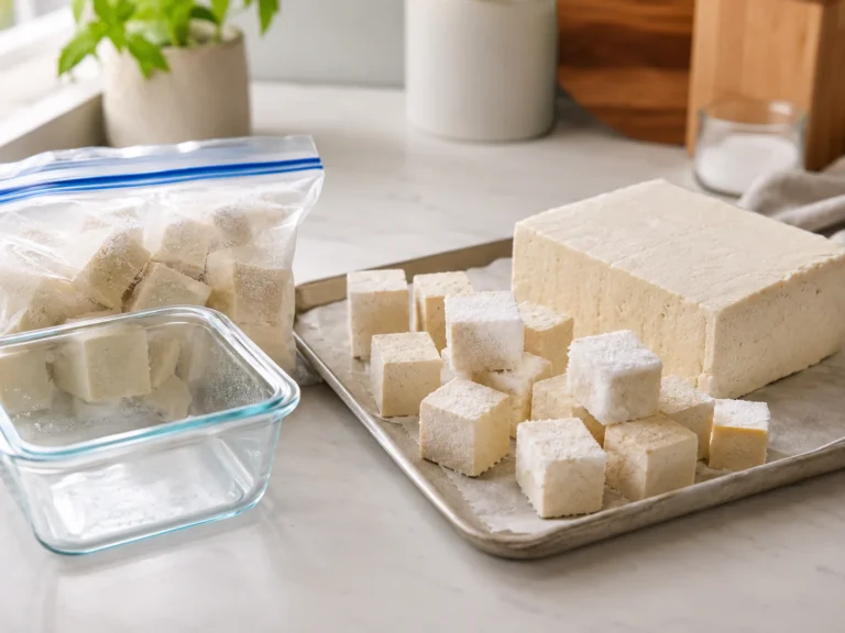 Firm tofu block and tofu cubes with light frost beside a freezer-safe container and reusable freezer bag