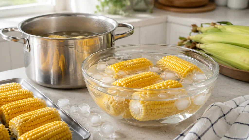 How To Freeze Corn On The Cob 2 Blanched corn on the cob cooling in a bowl of ice water before freezing
