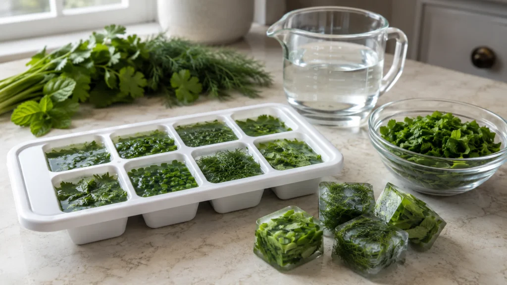 Chopped parsley, cilantro, dill, mint, and chives frozen in water in an ice cube tray