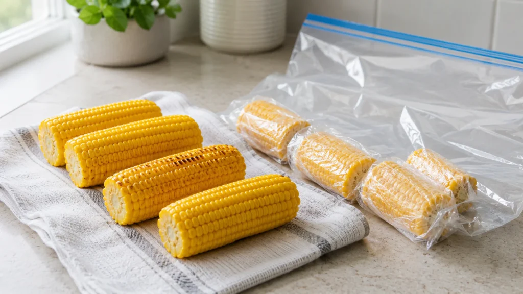 How To Freeze Corn On The Cob 5 Cooked corn on the cob cooled and dried beside a freezer-safe bag for storing leftovers
