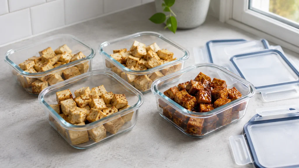 Can You Freeze Tofu? 6 Cooked tofu cubes divided into freezer-safe containers for storing leftovers