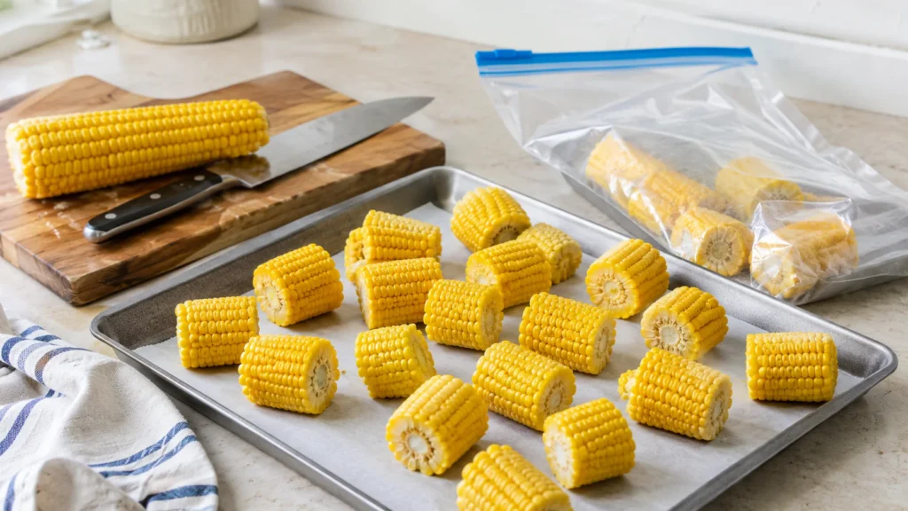 How To Freeze Corn On The Cob 4 Blanched corn cob pieces arranged on a parchment-lined tray for flash freezing