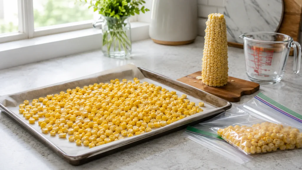 How To Freeze Corn On The Cob 6 Blanched corn kernels spread on a parchment-lined tray for flash freezing
