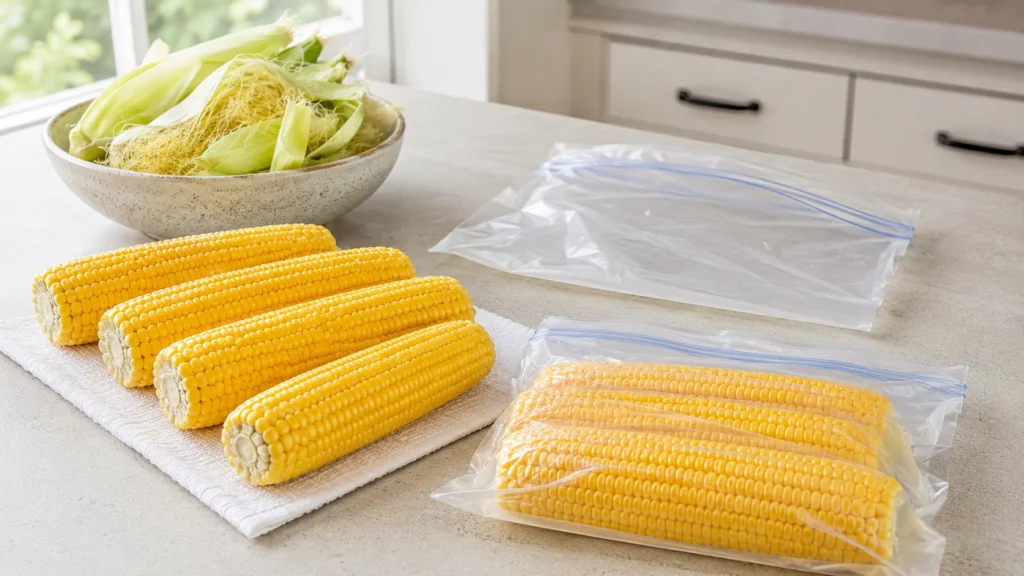 How To Freeze Corn On The Cob 3 Raw husked corn on the cob dried and placed in a freezer-safe bag without blanching