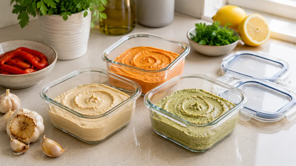 Garlic, roasted pepper, and herb hummus divided into freezer-safe containers