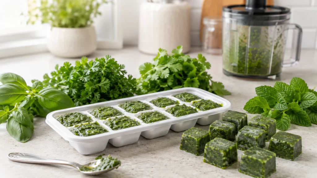 Green basil, parsley, cilantro, and mint paste portioned in an ice cube tray for freezing