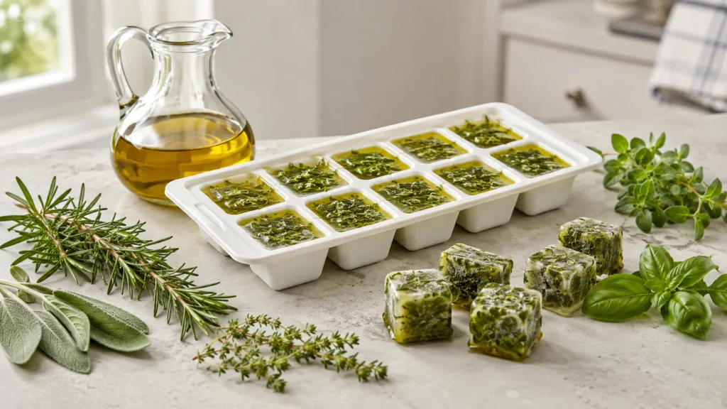 Chopped rosemary, thyme, sage, oregano, and basil frozen in cooking oil in an ice cube tray