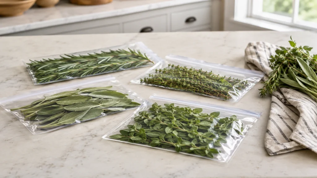 Fresh rosemary, thyme, sage, and oregano sprigs stored flat in freezer-safe bags