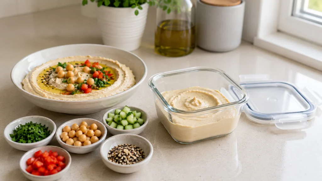 Plain hummus being prepared for freezing with herbs, chickpeas, vegetables, and seeds removed