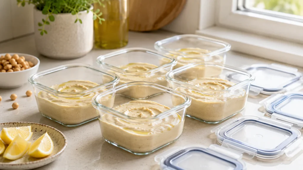 Hummus divided into small freezer-safe containers for meal prep and easy thawing