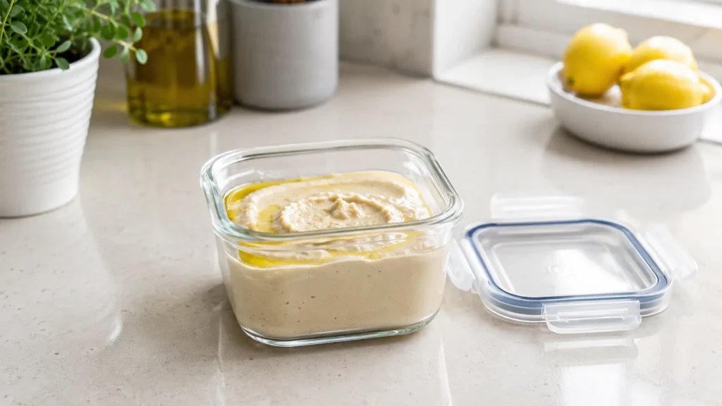 Plain hummus in a freezer-safe container with olive oil on top and space left for expansion