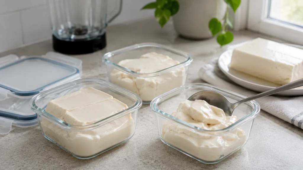 Can You Freeze Tofu? 5 Silken tofu divided into small freezer-safe containers for blended recipes