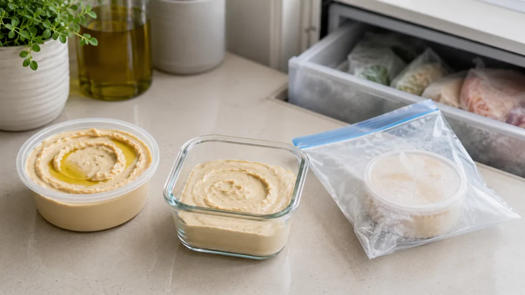 Store-bought hummus transferred to a freezer-safe container with an unopened package in a freezer bag