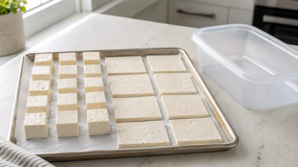 Can You Freeze Tofu? 3 Tofu cubes and slices arranged on a parchment-lined tray for freezing