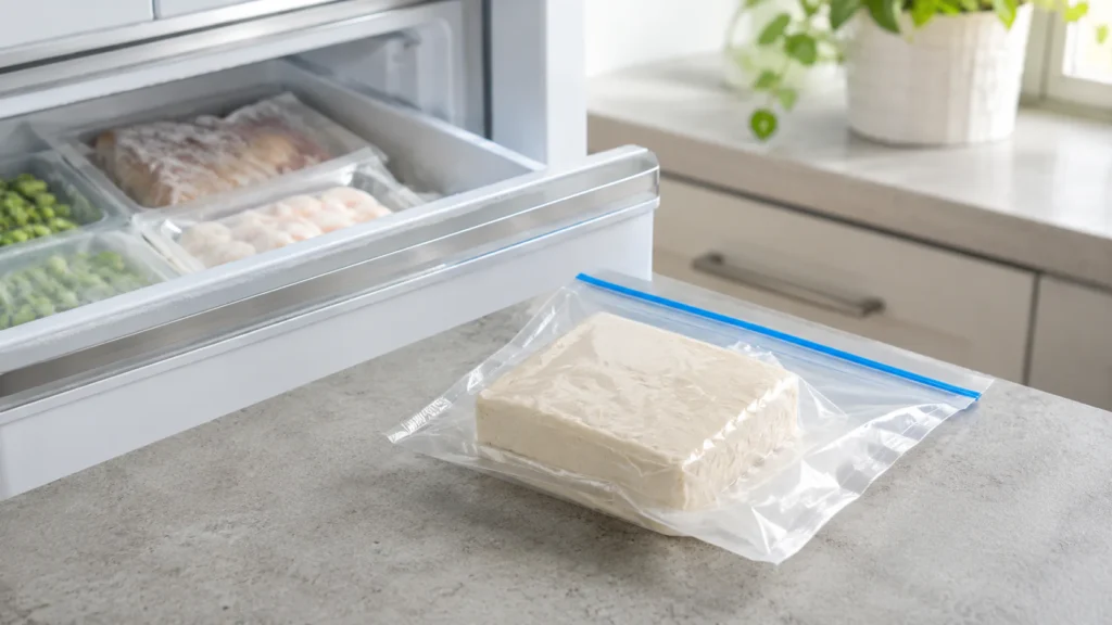 Can You Freeze Tofu? 4 Unopened package of tofu placed inside a freezer bag near an open freezer