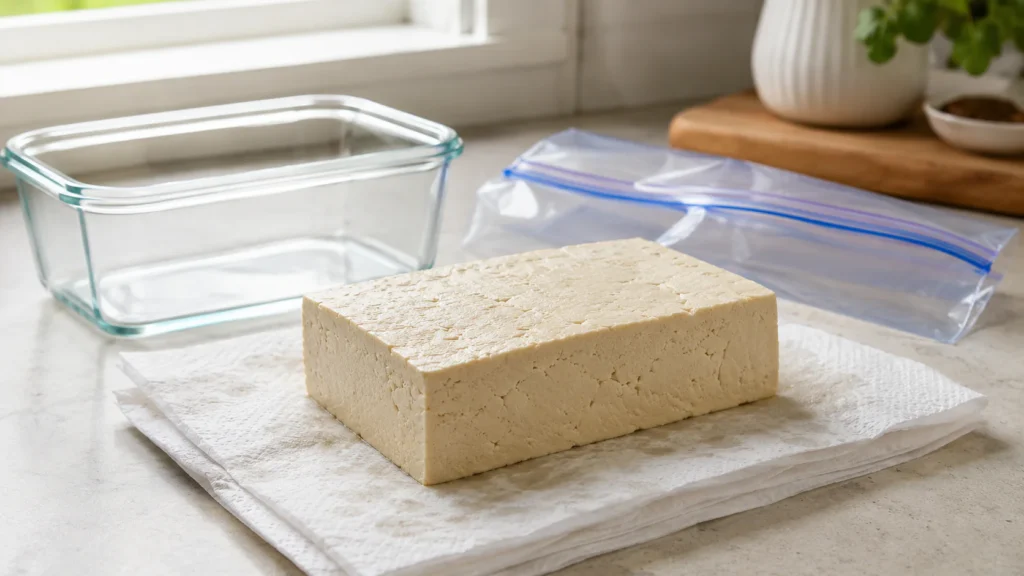 Can You Freeze Tofu? 2 Whole block of firm tofu pressed and ready for freezing beside a freezer-safe container