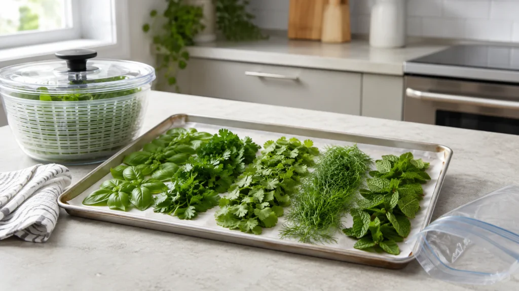 Fresh basil, parsley, cilantro, dill, and mint leaves arranged on a tray for flash freezing