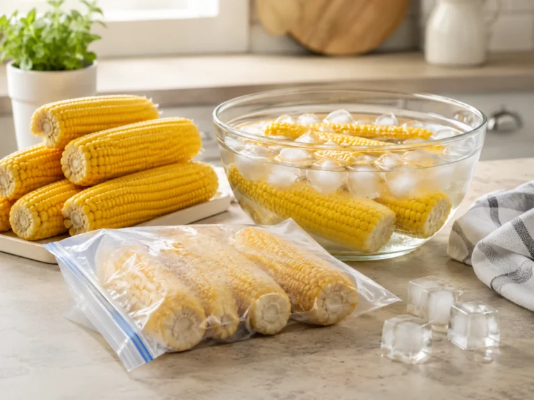 Fresh corn cobs beside blanched corn in ice water and dried cobs ready for freezer storage