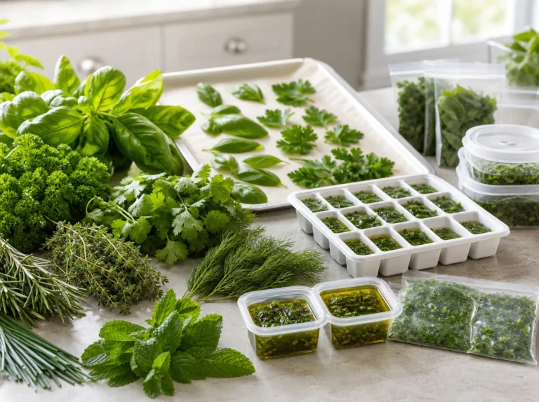 Fresh basil, parsley, cilantro, rosemary, thyme, dill, mint, and chives prepared for freezing in trays and containers