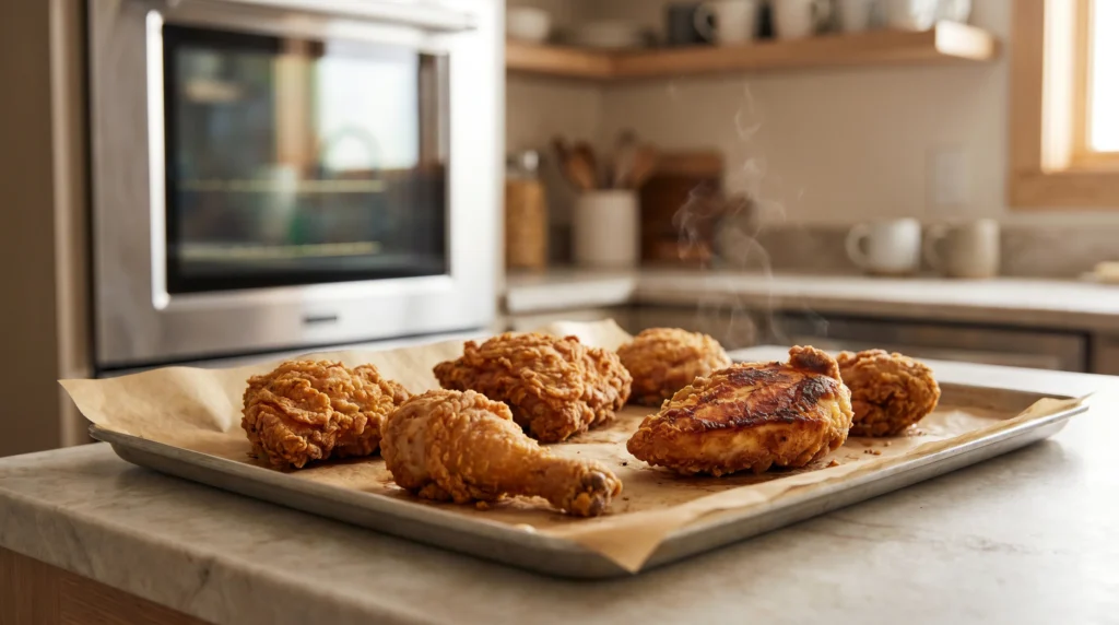 Best Way to Reheat Fried Chicken in the Oven 4 Fried chicken reheating on a parchment-lined baking sheet without a wire rack