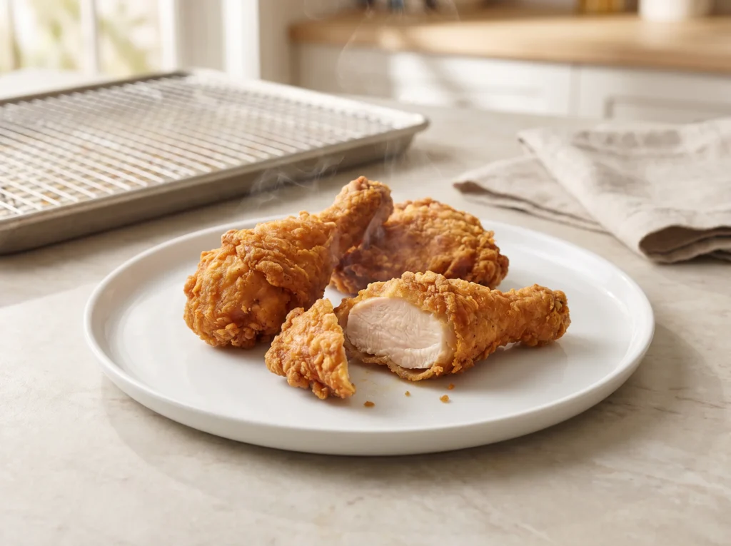 Crispy reheated fried chicken on a white plate with a juicy interior, with a wire rack and baking sheet in the background