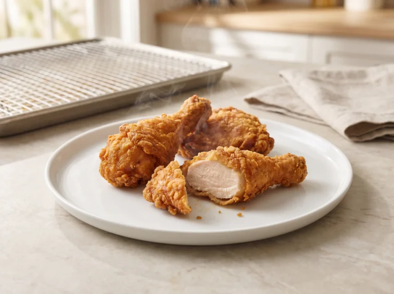 Crispy reheated fried chicken on a white plate with a juicy interior, with a wire rack and baking sheet in the background