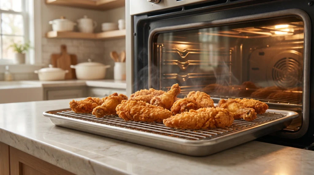 Best Way to Reheat Fried Chicken in the Oven 5 Fried chicken tenders and wings reheating on a wire rack in the oven until hot and crispy