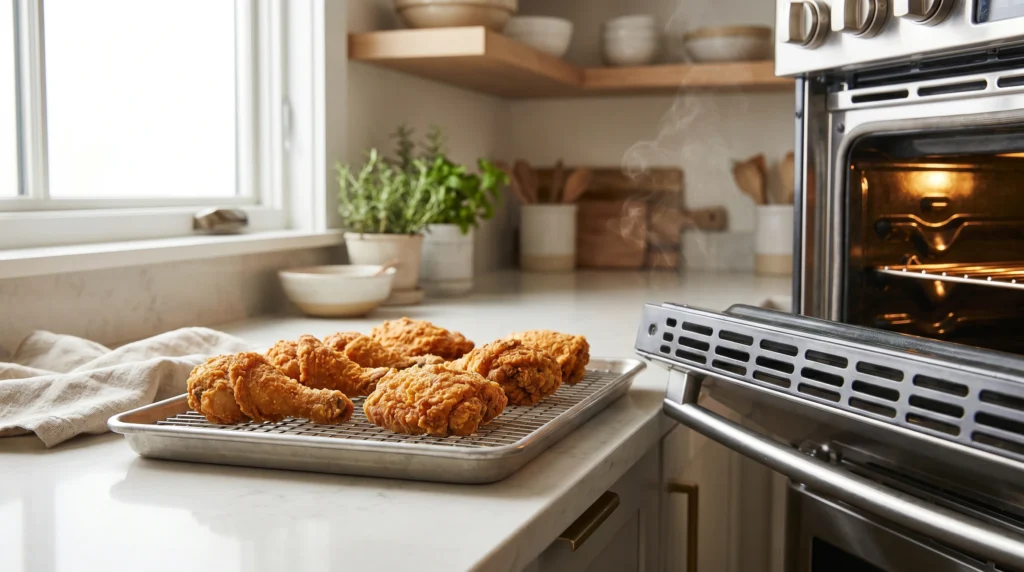 Best Way to Reheat Fried Chicken in the Oven 2 Fried chicken pieces reheating on a wire rack over a baking sheet in the oven to keep the coating crispy