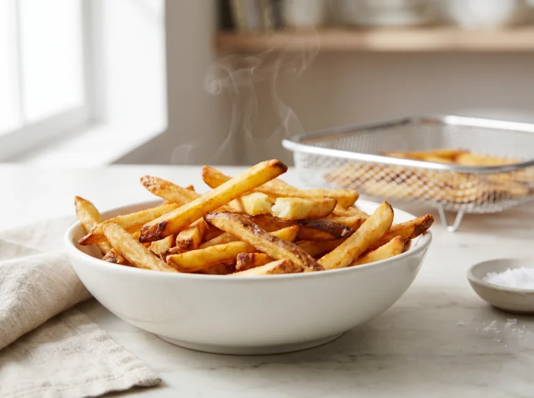 Crispy reheated French fries in a white bowl with an air fryer basket in the background