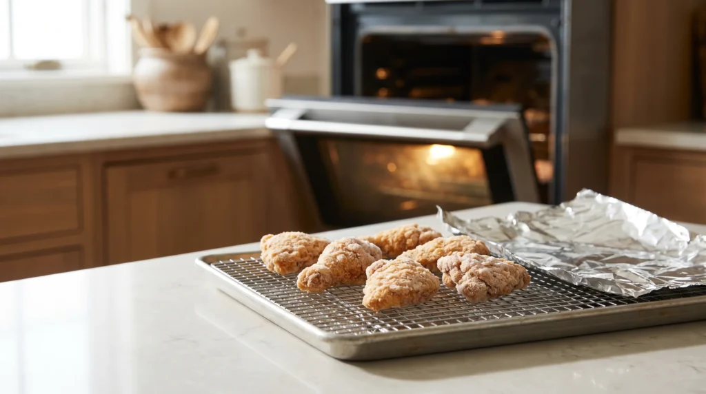 Best Way to Reheat Fried Chicken in the Oven 6 Frozen fried chicken pieces on a wire rack over a baking sheet ready to reheat in the oven