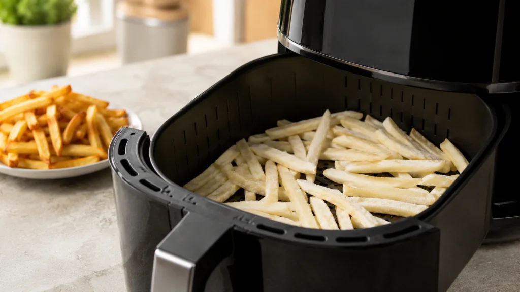 How to Reheat Fries in the Air Fryer 6 Frozen fries reheating in an air fryer basket with light frost visible before turning crisp