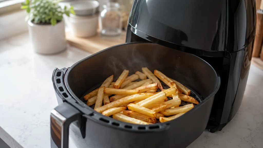 How to Reheat Fries in the Air Fryer 2 Leftover French fries reheating in an air fryer basket in a single layer with golden crispy edges