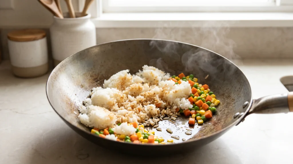 How to Reheat Rice Safely Without Drying It Out 6 Day-old rice reheating in a skillet with vegetables as fried rice