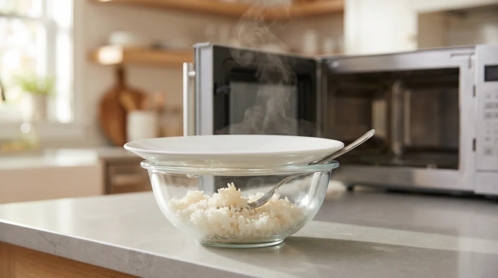 How to Reheat Rice Safely Without Drying It Out 2 Leftover rice reheating in a microwave-safe bowl with water added and a loose cover to keep it soft