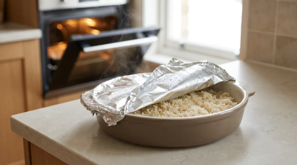 How to Reheat Rice Safely Without Drying It Out 4 Leftover rice reheating in an oven-safe dish covered with foil to trap steam