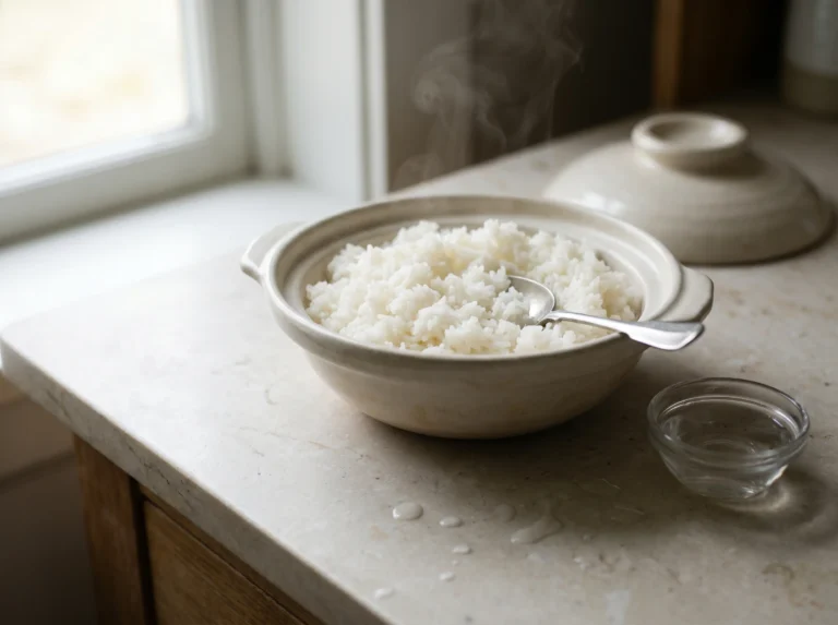 Fluffy reheated white rice in a bowl with steam rising, a small spoon, and water nearby to show safe moist reheating