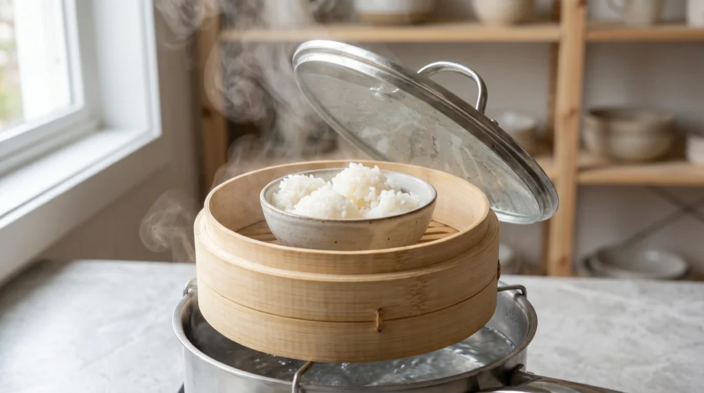 How to Reheat Rice Safely Without Drying It Out 5 Leftover rice reheating in a bowl inside a steamer basket with gentle steam rising