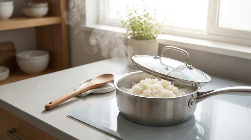 How to Reheat Rice Safely Without Drying It Out 3 Leftover rice warming in a covered saucepan with a little water on the stovetop